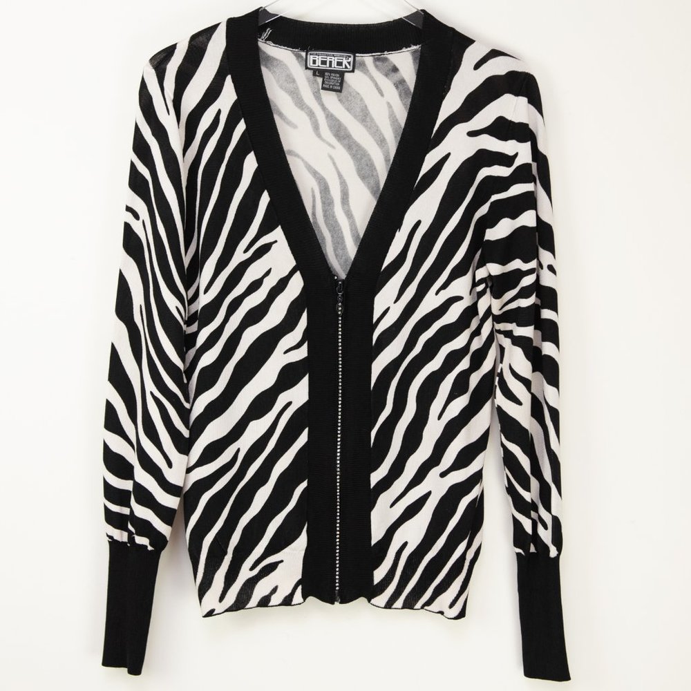 Berek Cardigan Sweater Rhinestone Zebra Animal Print V-Neck Black White Sz Large